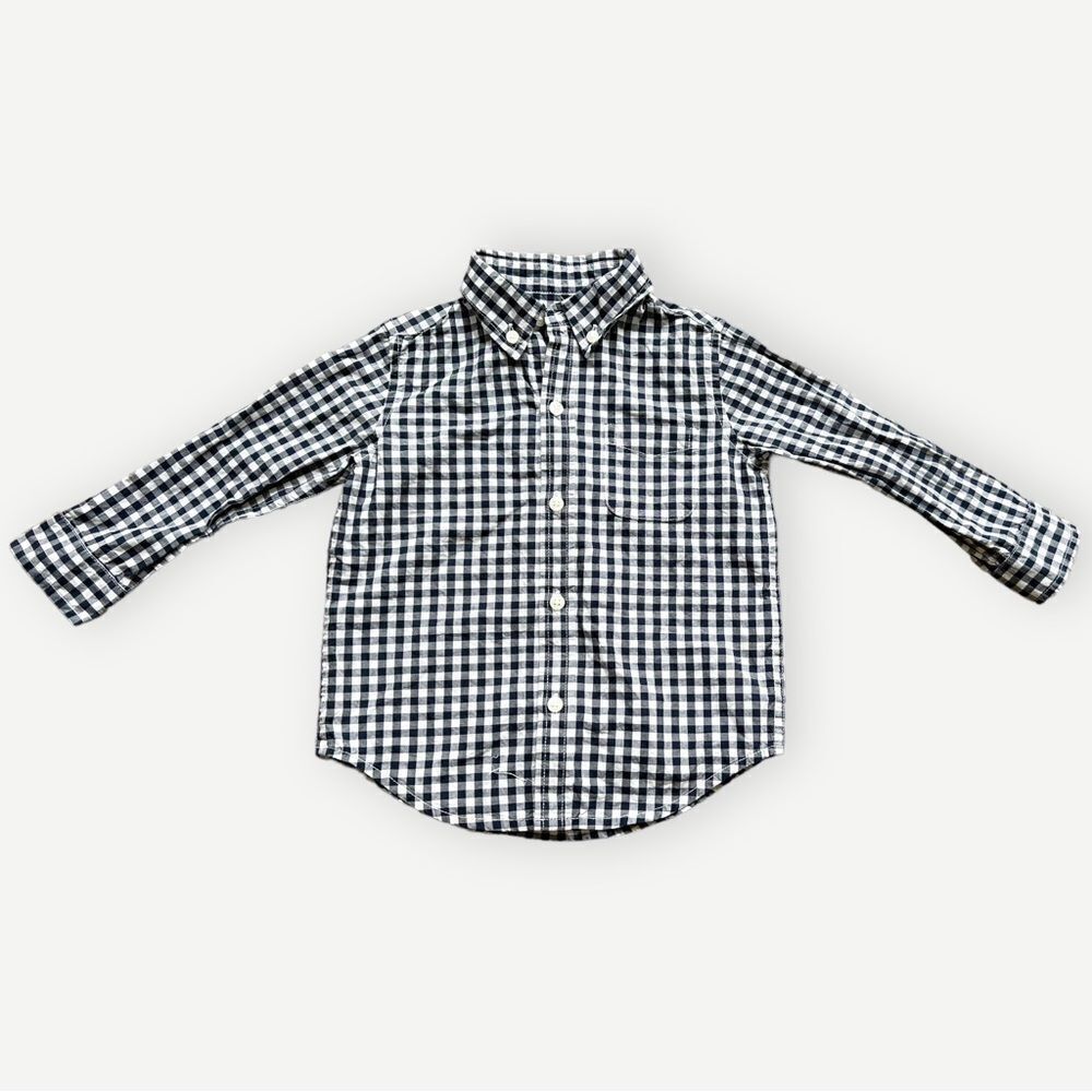 Janie and Jack Boys Blue Gingham Long Sleeve Button Down Shirt. 18-24 Months.